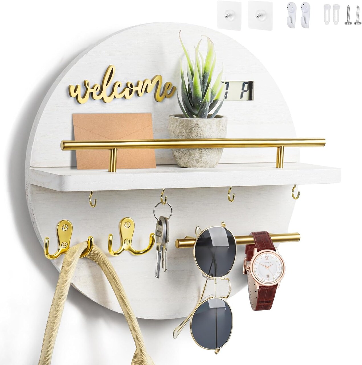 Key Holder for Wall, Key and Mail Holder Organizer with - Key Holder Wall Mount - Round Wooden Rustic Home Decor for Entryway, Mudroom, Hallway, Kitchen Office (White)